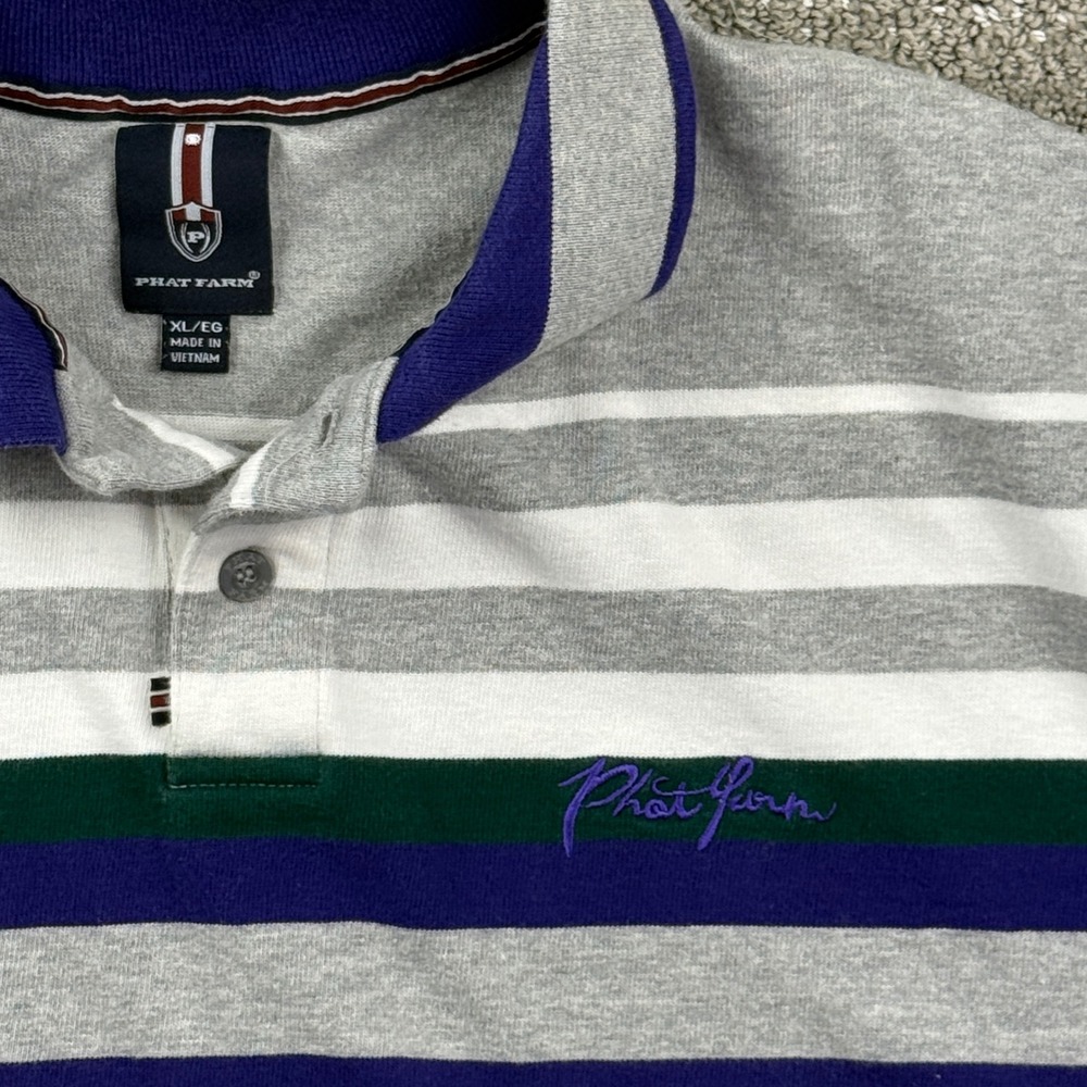 Vintage Phat Farm Polo Shirt Mens XL Grey Striped Short Sleeve Cotton Y2K